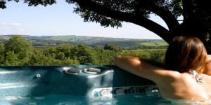 彭布罗克郡Clydey Cottages Pembrokeshire的坐在游泳池里看着树的女人