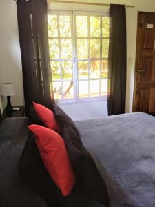 埃塞萨Posada Quinta Pata的窗前的一张带红色和黑色枕头的床