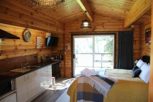 特卡波湖Sunset Chalet的小木屋内的卧室配有一张床和水槽