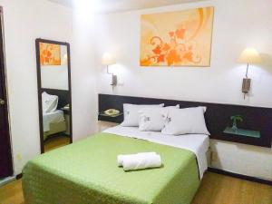 萨拉曼卡Hotel Trevi的一间卧室配有一张带绿毯的大床