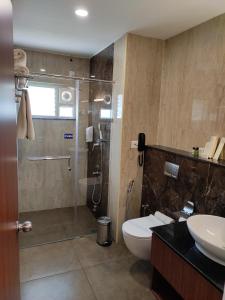 戈德亚姆Hotel Aida的带淋浴、卫生间和盥洗盆的浴室