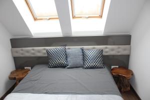 杰尔Quelle-Apartman 2的一间卧室配有带2个枕头的床和2个窗户。