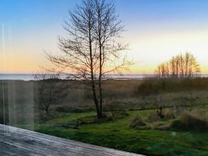 Haslevgårde6 person holiday home in Hadsund的日落时分享有树木和大海的景致