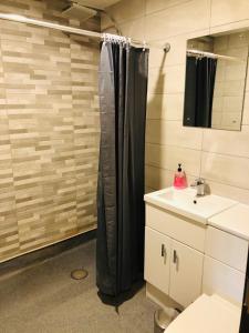 布里斯托The Players Golf Club的浴室设有黑色淋浴帘和水槽