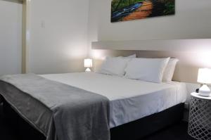 圣乔治巴洛涅河汽车旅馆的一间卧室配有一张带两盏灯的大型白色床。
