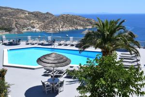 迈洛波塔斯卡特琳娜酒店的一个带椅子和棕榈树的游泳池,以及大海