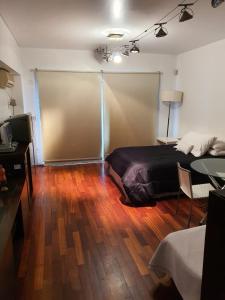 布宜诺斯艾利斯Juncal Apartamento的一间卧室配有一张床,铺有木地板