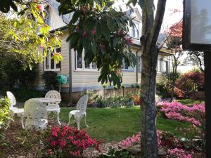 肯图巴库拉拉历史旅馆的院子里的桌椅,鲜花盛开