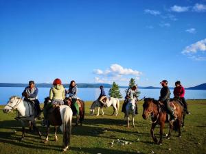 乌兰巴托Vast Mongolia Tour Hostel & tours的一群在田野里骑马的人