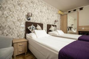 塞格德多姆酒店的一间卧室配有两张床和镜子