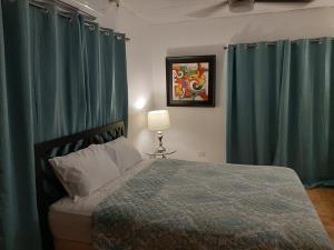 Los SantosBienvenidos a Guararé的一间卧室配有一张带绿窗帘和灯的床
