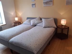 PlouarzelLes embruns的一间卧室配有一张带枕头的床和两盏灯。