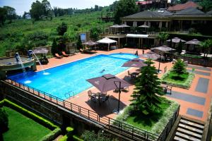 基加利诺布莱扎酒店的享有带遮阳伞的大型游泳池的顶部景致