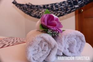 亨达Hotel Colonial - Honda -的一大堆毛巾,上面有紫色花朵