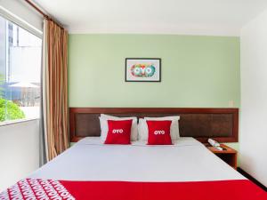 阿拉卡茹OYO Alto Da Praia Hotel, Aracaju的一间卧室配有一张带红色枕头的床和一扇窗户