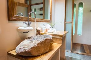 KangulumiraLemala Wildwaters Lodge的一间带石制水槽和镜子的浴室