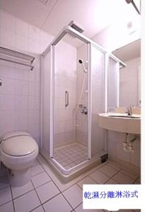 高雄85假期会馆的带淋浴、卫生间和盥洗盆的浴室