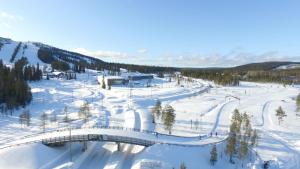 索特KIDE hotel by Iso-Syöte的雪中带桥的滑雪胜地