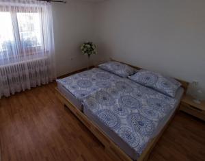 卢奇基Apartment Lucky Liptov的一间卧室配有一张带蓝色床单的床和一扇窗户。