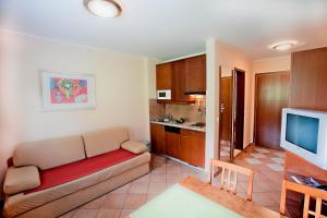 博德森特克欧丽米亚温泉罗萨公寓酒店的带沙发的客厅和厨房