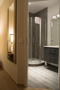 梅德巴赫特洛尔布奥豪斯酒店的带淋浴和盥洗盆的浴室