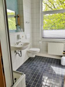 永斯多夫Hotel Zittauer Hütte的一间带水槽和卫生间的浴室以及窗户。