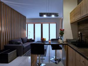 斯维诺乌伊希切4UApart-Apartment studio Platan New York的厨房以及带沙发和桌子的客厅。