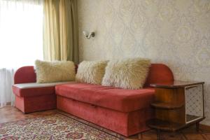 ShostkaApartment Horkoho 7A的客厅里配有带干草枕头的红色沙发