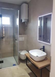 罗戈兹尼察Apartments Sunset Zecevo的一间带水槽、淋浴和卫生间的浴室