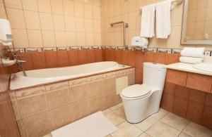 蓬塔雷纳斯蓬塔雷纳斯海滩酒店的浴室配有卫生间、浴缸和水槽。