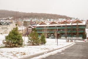 帕克城亚普勒斯酒庄旅舍的一座大建筑,上面有雪上的标志