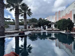 卡特瑞杜斯Villa Manos Hotel的一座棕榈树游泳池和一座建筑