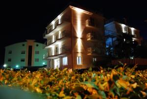 佩塔恰托Hotel Di Nardo的一座晚上在楼前种植植物的楼房