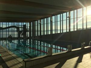 厄于斯特瑟哈当厄尔峡湾酒店的一座游泳池,位于一座建筑物内,透过窗户阳光明媚