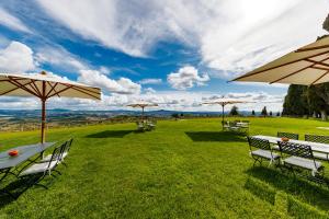 奇尼基亚诺Tenuta di Montecucco - ColleMassari Hospitality的田野上带遮阳伞的桌椅