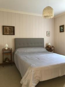 普尔德勒济克普尔德勒齐克拉伦度假屋的卧室内的一张床位,配有两张桌子和吊灯