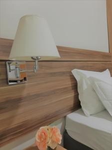 龙多诺波利斯Hotel Horto的木头床头板上带灯的床