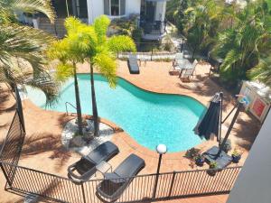 赫维湾赫维湾桑塔琳娜酒店的享有棕榈树游泳池的顶部景致