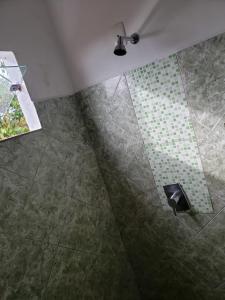 吉巴拉那Hotel Chalé Ji-Parana的绿色瓷砖地板和风扇淋浴