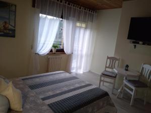 波别罗沃Jarek的一间卧室配有床和带窗帘的窗户