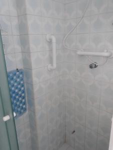 桑托斯Recanto Santista的浴室设有白色瓷砖淋浴。