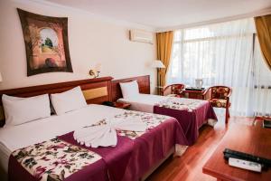 恰纳卡莱特莱阿图桑酒店的酒店客房设有两张床和一张桌子。