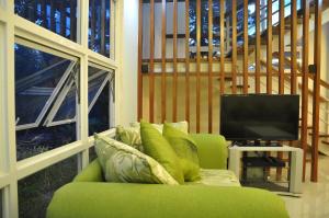 公主港巴拉望绿地酒店的坐在电视机前的绿色沙发