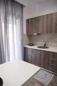 兹拉马Apartment One的厨房配有木制橱柜、水槽和窗户。