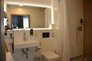 慕尼黑贝利布鲁中心酒店的一间带水槽、卫生间和镜子的浴室