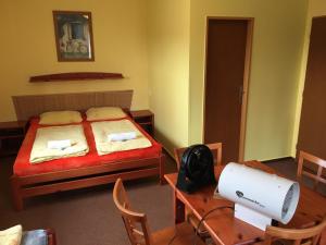 Liptál斯拉考夫酒店的一间卧室配有一张床和一张带风扇的桌子。