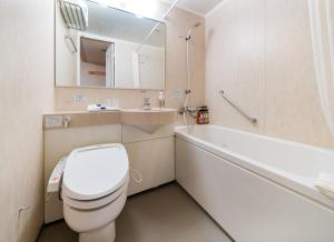 秋田大和鲁内秋田酒店的一间带卫生间、水槽和镜子的浴室