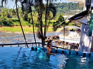 平纳瓦拉Hotel Elephant Park "Grand Royal Pinnalanda"的站在河边游泳池中的女人