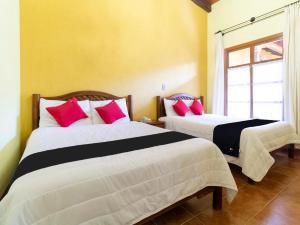 科米坦德多明格斯Hotel Jardín de Tereza的一间卧室配有两张带红色和黑色枕头的床