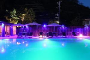 河津町Amis Droles的夜晚的游泳池拥有蓝色和紫色的灯光
